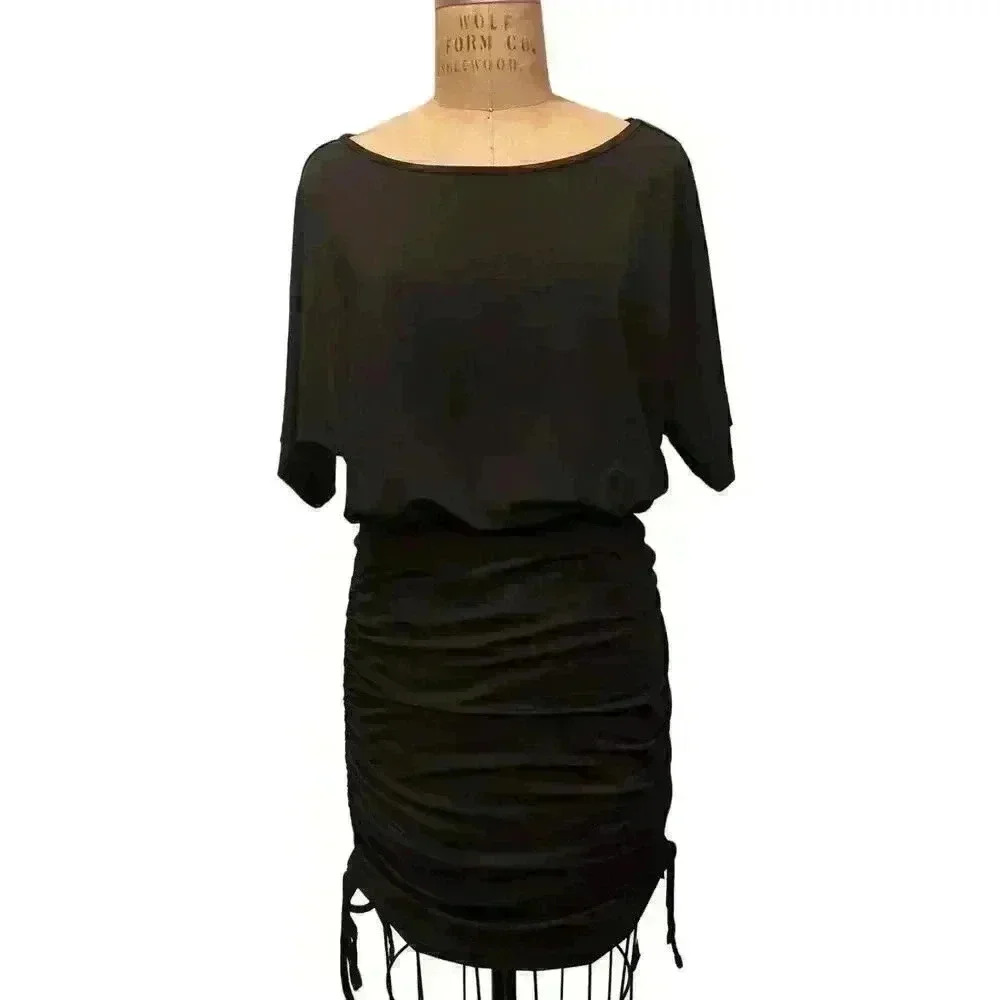 Women's Black Blouson Short Sleeve Ruched Tie Sides Mini Dress NWT Size L